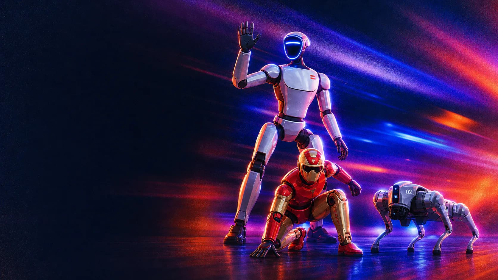 Stylized campaign artwork featuring G1, R1, and Go2 robots
