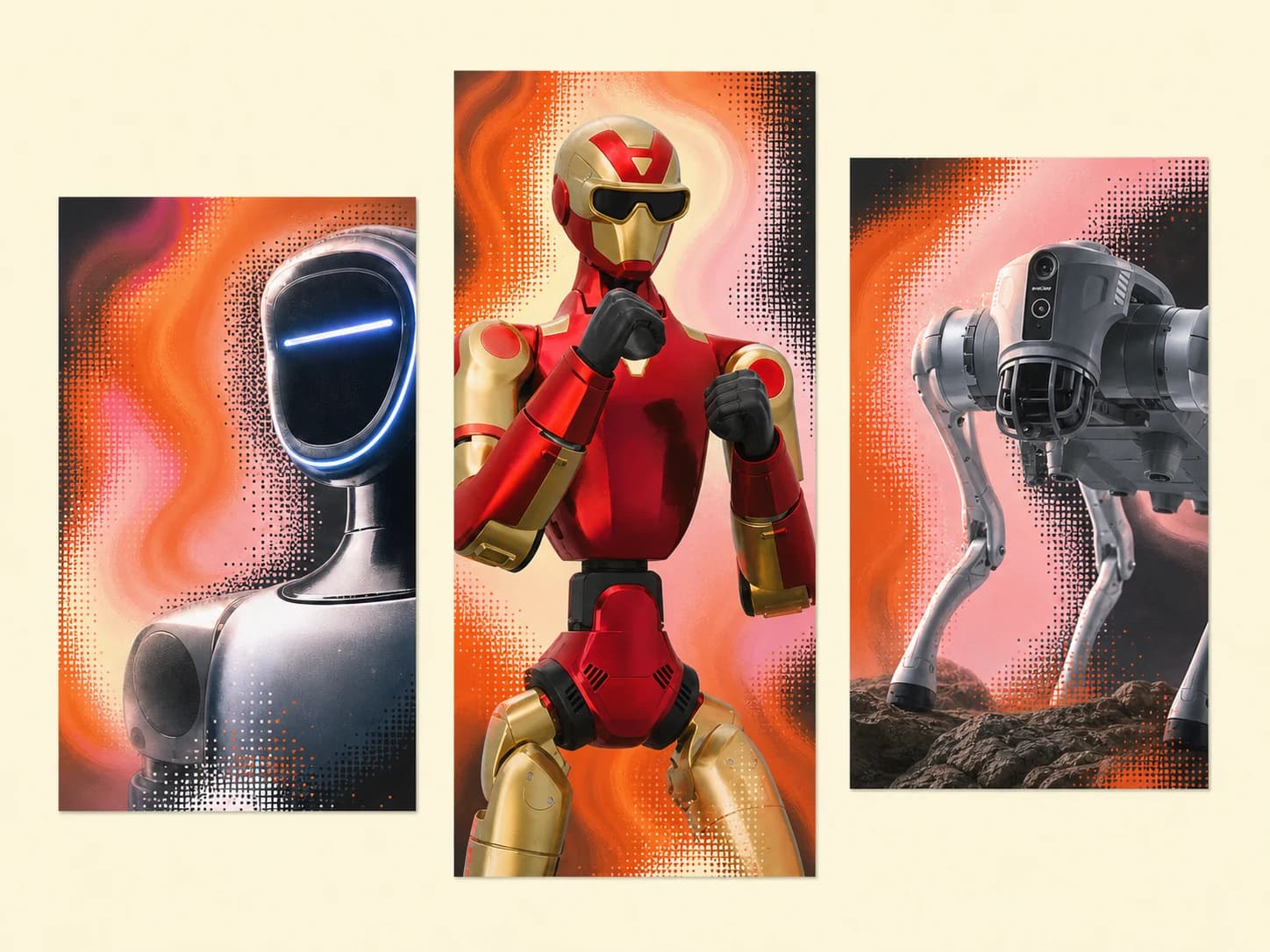 Generated editorial triptych of robotic details dissolving into orange and pink pixels